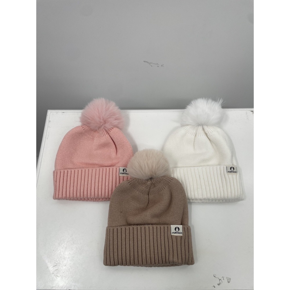 Pack of 3 Furtalk Beanie Baby 0-6M Brown Pink White Knit Ribbed Pom Pom Hat NWOT